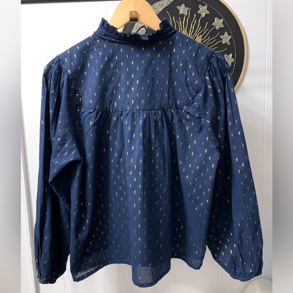 Emerson Fry India Collection Emmaline Top Blue Gold Metallic Blouse Maritime Dot - Picture 12 of 16